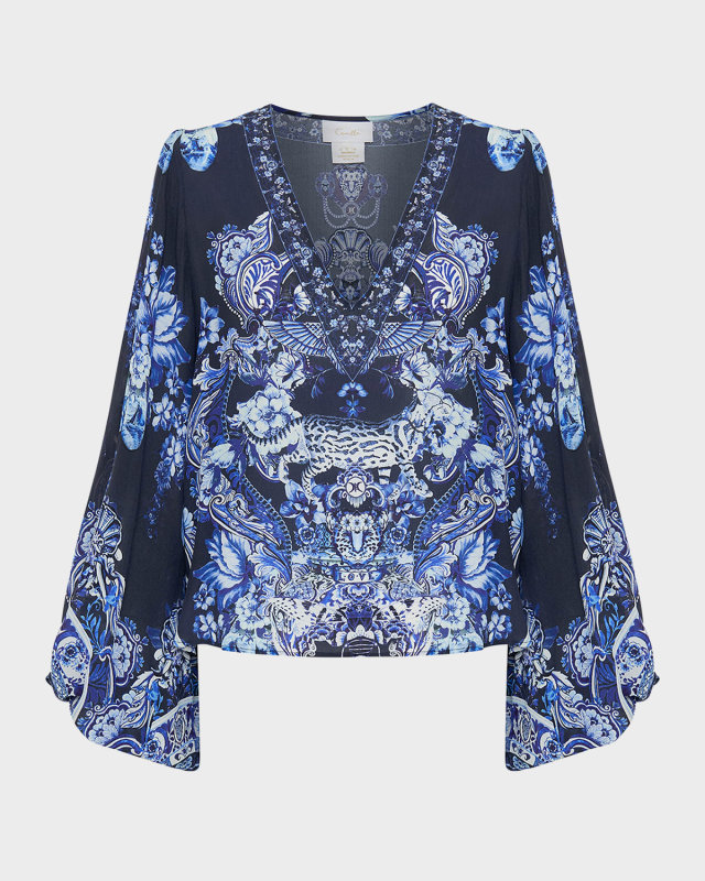 V-Neck Blouson-Sleeve Printed Silk Blous